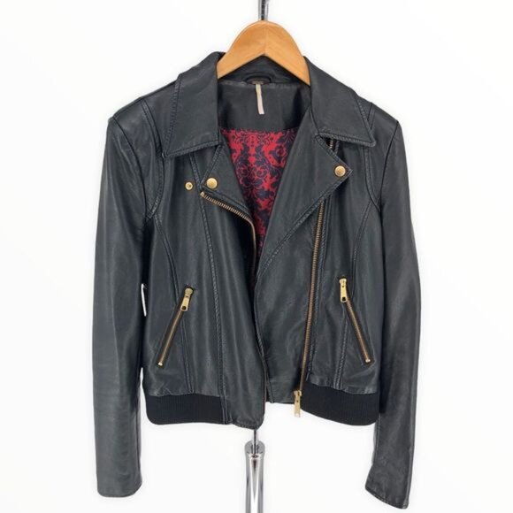 Free People Faux Leather Moto Jacket Zip Up Black - Picture 4 of 15